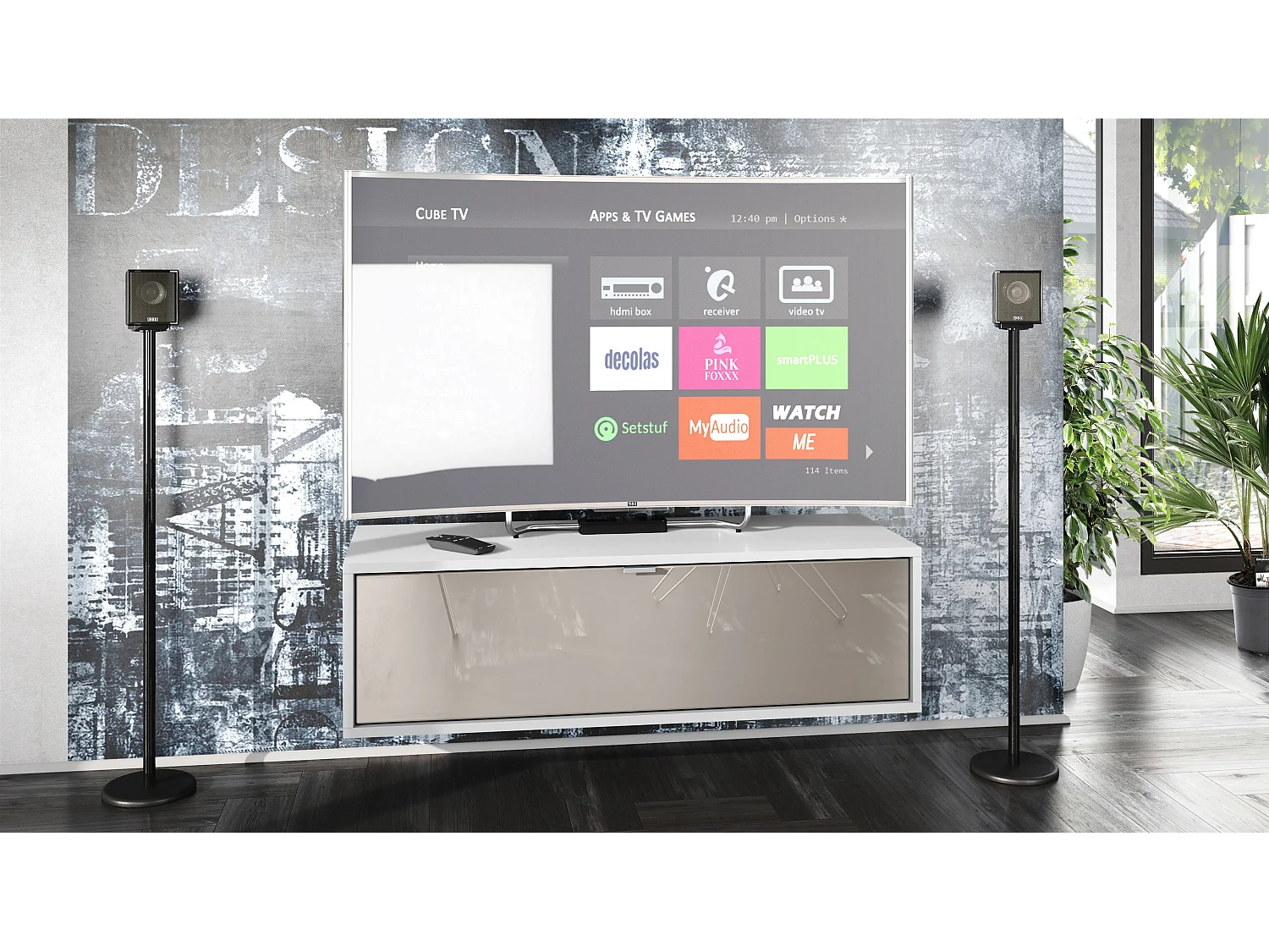 Meuble TV Lana 100 armoire murale lowboard 100 x 29 x 37 cm, caisson en Blanc mat, façades en Gris sable haute brillance | Grand choix de couleurs