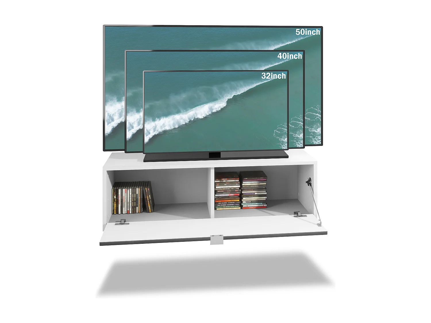 Meuble TV Lana 100 armoire murale lowboard 100 x 29 x 37 cm, caisson en Blanc mat, façades en Gris sable haute brillance | Grand choix de couleurs