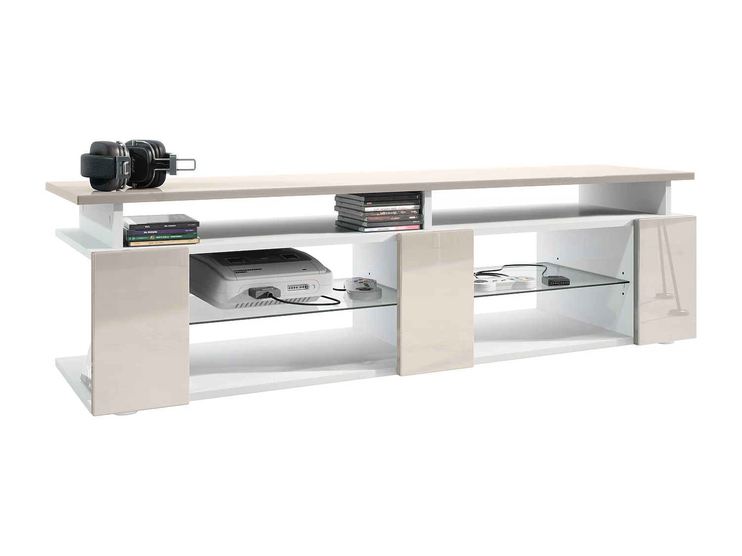 TV Board Movie V2 Game On Lowboard 138,5 x 39 x 39 cm , caisson en blanc mat, façades en gris sable haute brillance