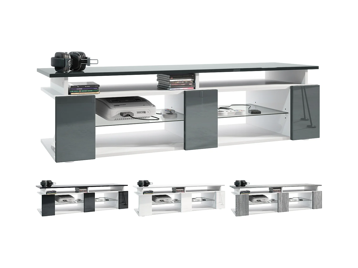 TV Board Movie V2 Game On Lowboard 138,5 x 39 x 39 cm , caisson en blanc mat, façades en gris sable haute brillance