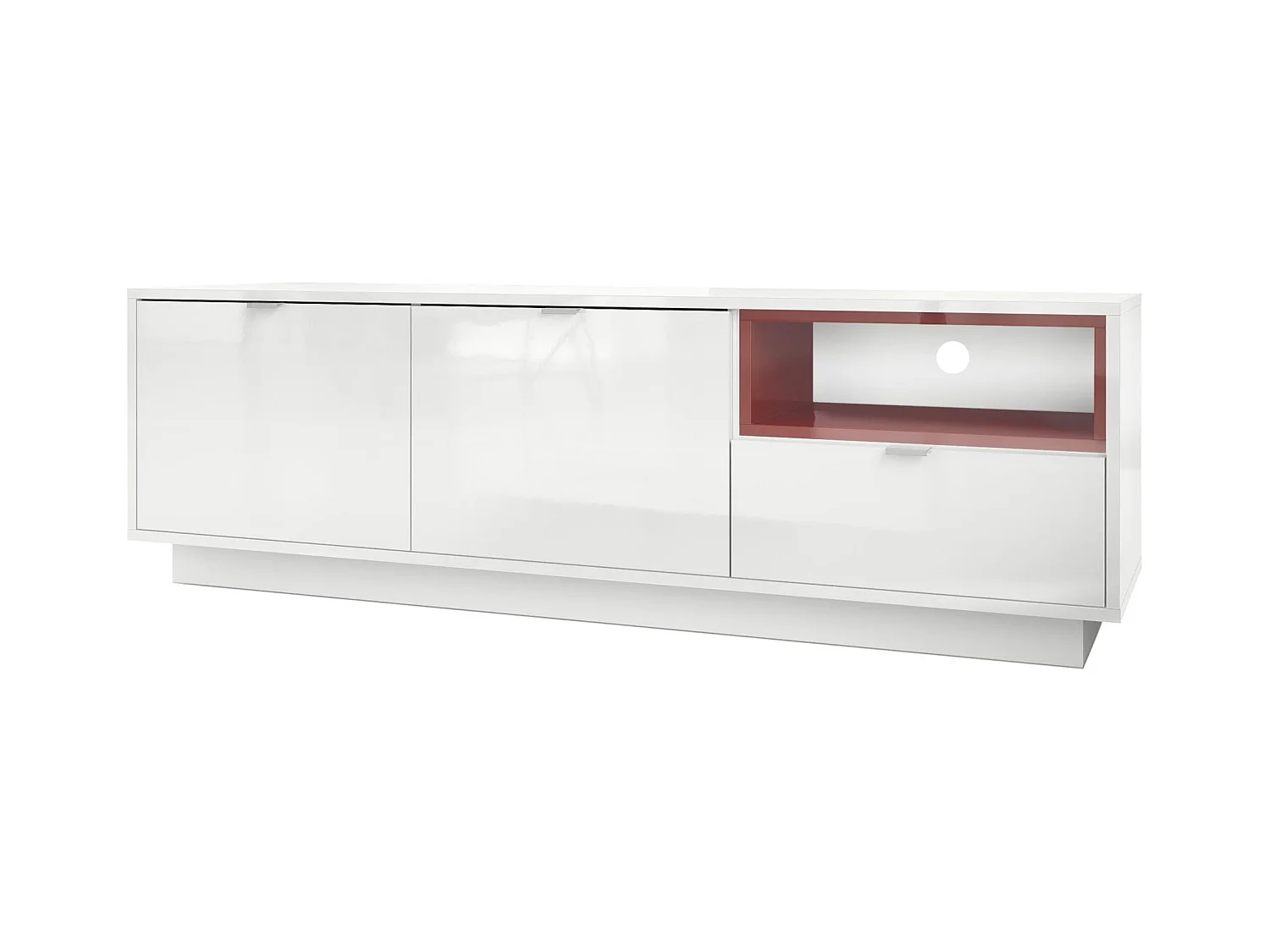 Meuble TV Armoire Metro, Corps en Blanc haute brillance / Façades en Blanc haute brillance avec une insertion en Bordeaux haute brillance