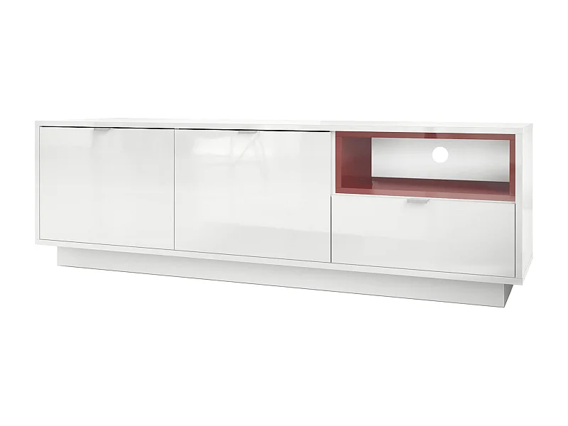 Meuble TV Armoire Metro, Corps en Blanc haute brillance / Façades en Blanc haute brillance avec une insertion en Bordeaux haute brillance