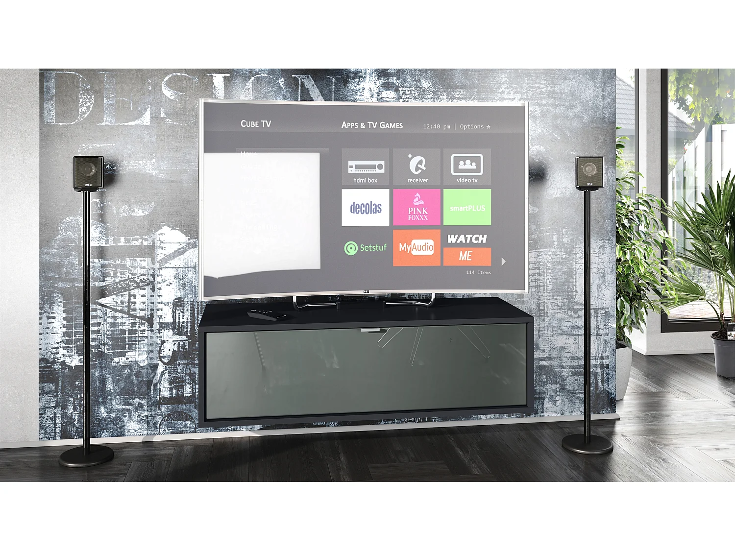 Meuble TV Lana 100 armoire murale lowboard 100 x 29 x 37 cm, caisson en noir mat, façades en gris haute brillance | Grand choix de couleurs