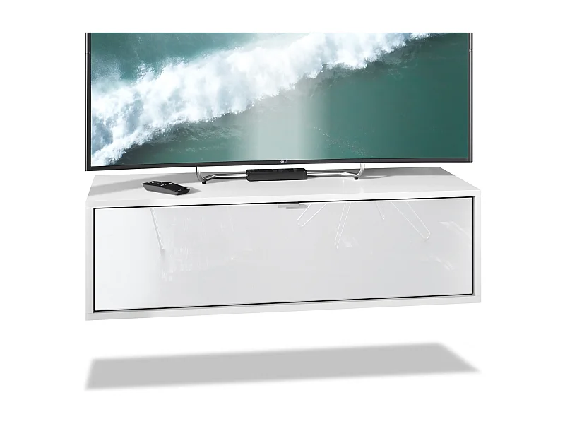 Meuble TV Lana 100 armoire murale lowboard 100 x 29 x 37 cm, caisson en Blanc mat, façades en Blanc haute brillance | Grand choix de couleurs