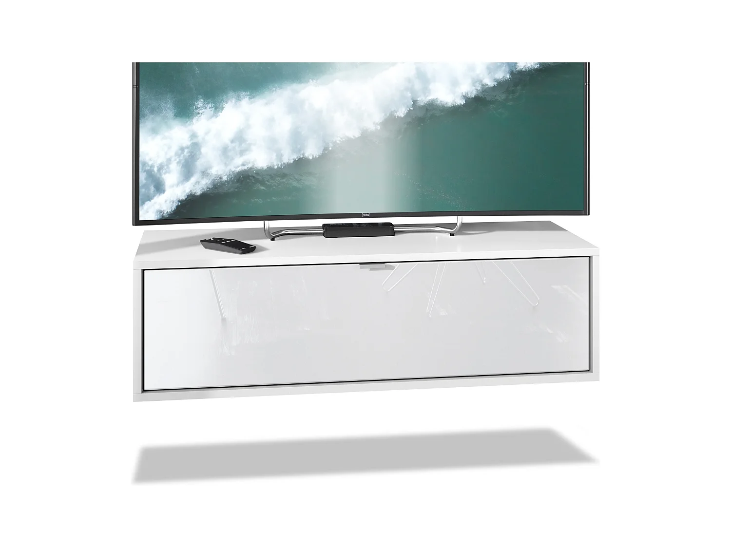 Meuble TV Lana 100 armoire murale lowboard 100 x 29 x 37 cm, caisson en Blanc mat, façades en Blanc haute brillance | Grand choix de couleurs