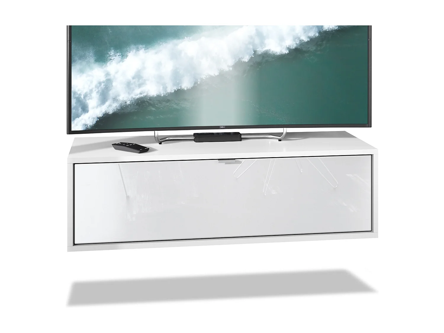 Meuble TV Lana 100 armoire murale lowboard 100 x 29 x 37 cm, caisson en Blanc mat, façades en Blanc haute brillance | Grand choix de couleurs