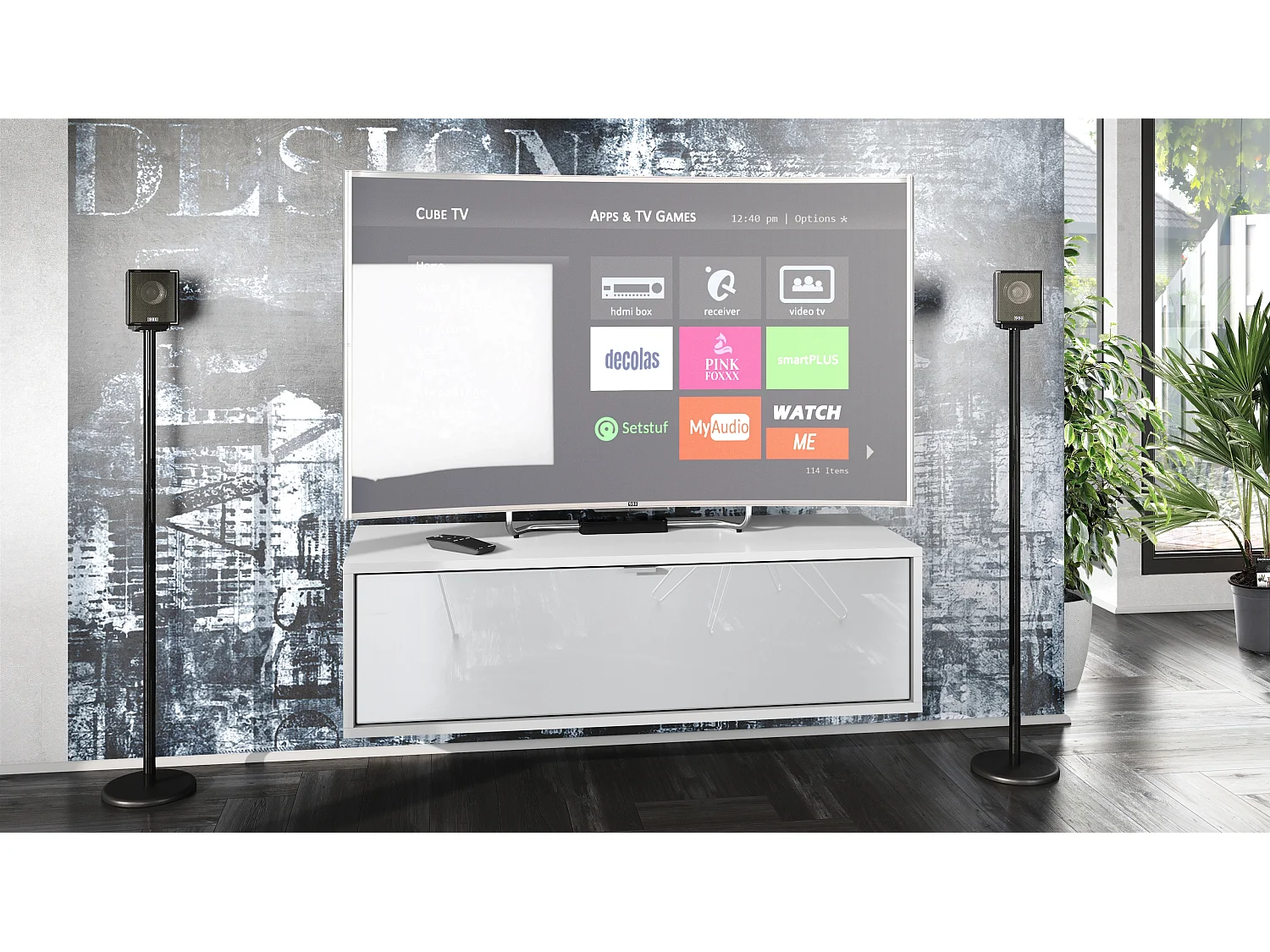 Meuble TV Lana 100 armoire murale lowboard 100 x 29 x 37 cm, caisson en Blanc mat, façades en Blanc haute brillance | Grand choix de couleurs