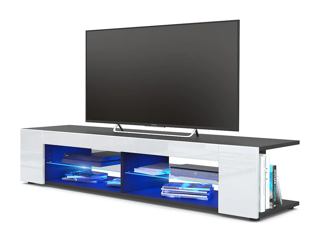 Buffet bas Movie, Meuble TV avec 4 compartiments ouverts et placages décoratifs, Noir mat/Blanc haute brillance, éclairage LED bleu inclus (134 x 29 x 39 cm)