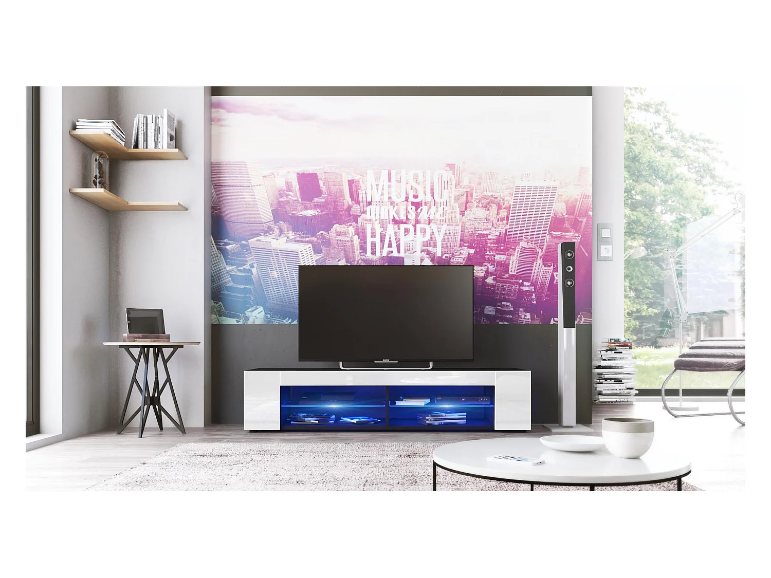 Buffet bas Movie, Meuble TV avec 4 compartiments ouverts et placages décoratifs, Noir mat/Blanc haute brillance, éclairage LED bleu inclus (134 x 29 x 39 cm)