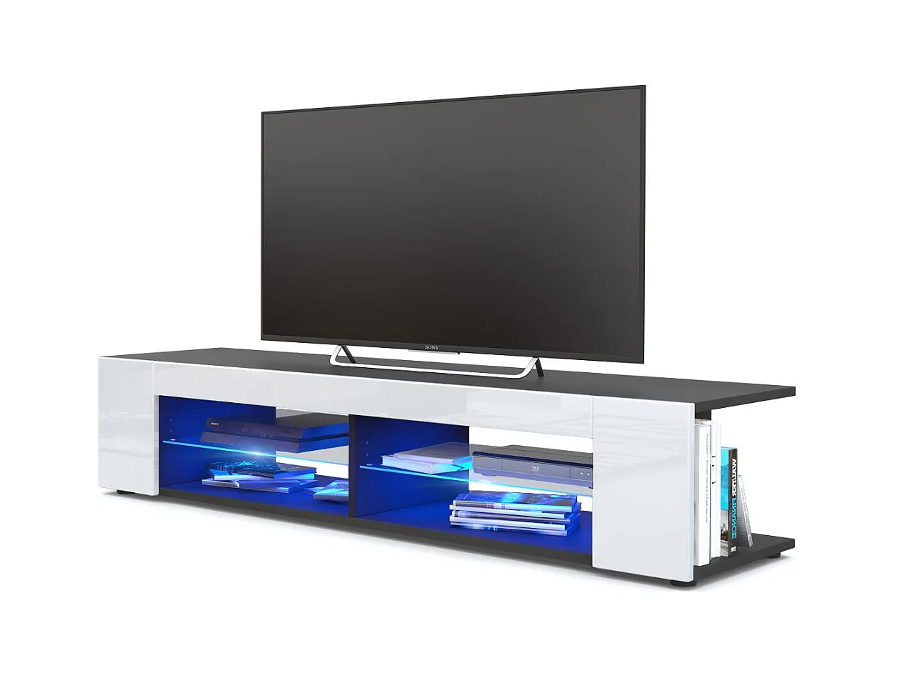Buffet bas Movie, Meuble TV avec 4 compartiments ouverts et placages décoratifs, Noir mat/Blanc haute brillance, éclairage LED bleu inclus (134 x 29 x 39 cm)