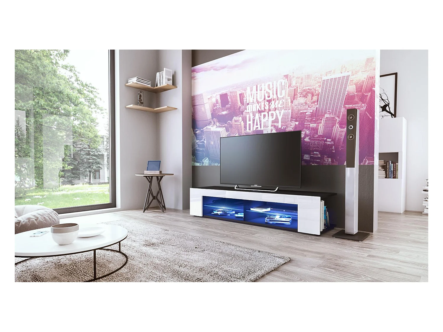 Buffet bas Movie, Meuble TV avec 4 compartiments ouverts et placages décoratifs, Noir mat/Blanc haute brillance, éclairage LED bleu inclus (134 x 29 x 39 cm)