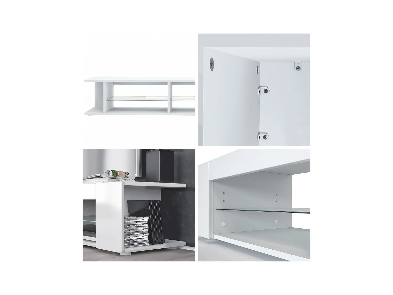 Buffet bas Movie, Meuble TV avec 4 compartiments ouverts et placages décoratifs, Noir mat/Blanc haute brillance, éclairage LED bleu inclus (134 x 29 x 39 cm)