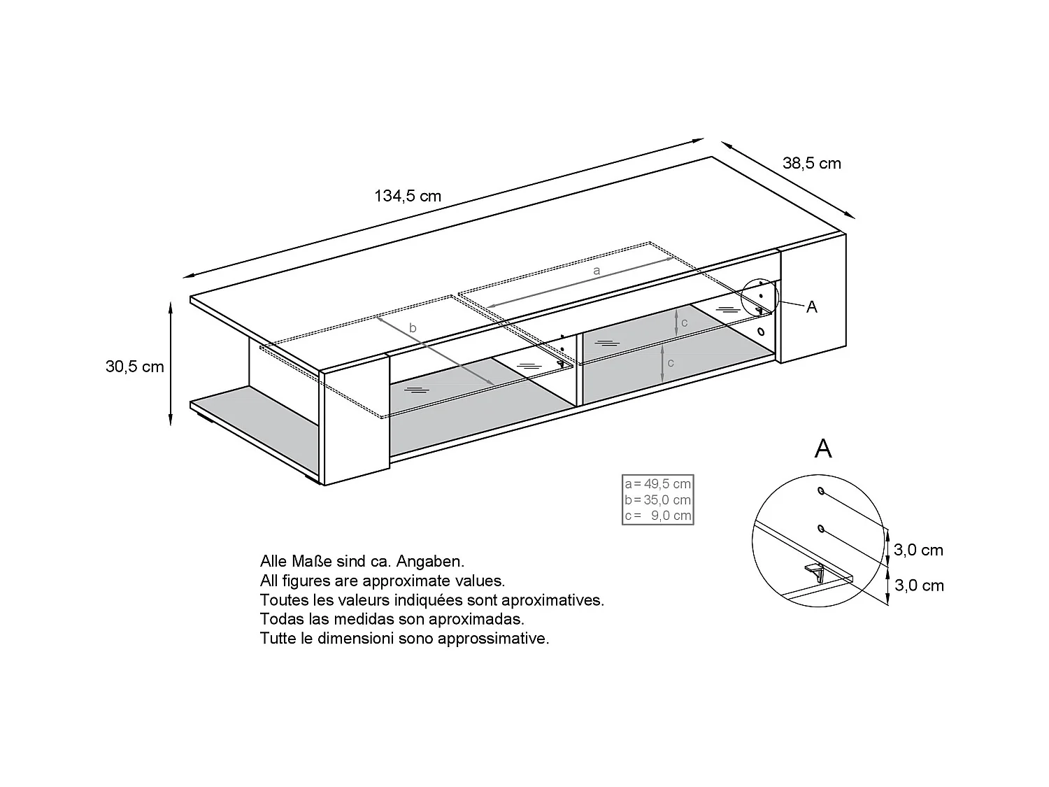 Buffet bas Movie, Meuble TV avec 4 compartiments ouverts et placages décoratifs, Noir mat/Blanc haute brillance, éclairage LED bleu inclus (134 x 29 x 39 cm)