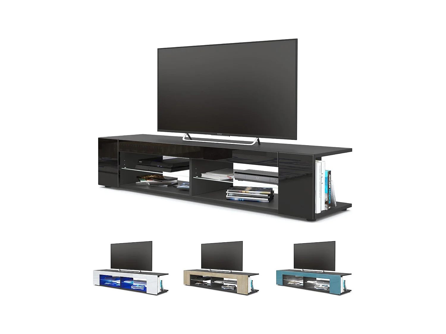 Buffet bas Movie, Meuble TV avec 4 compartiments ouverts et placages décoratifs, Noir mat/Blanc haute brillance, éclairage LED bleu inclus (134 x 29 x 39 cm)