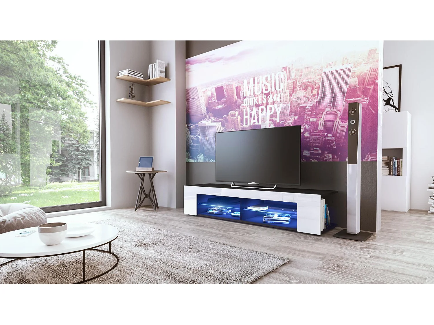 Buffet bas Movie, Meuble TV avec 4 compartiments ouverts et placages décoratifs, Noir mat/Blanc haute brillance, éclairage LED bleu inclus (134 x 29 x 39 cm)