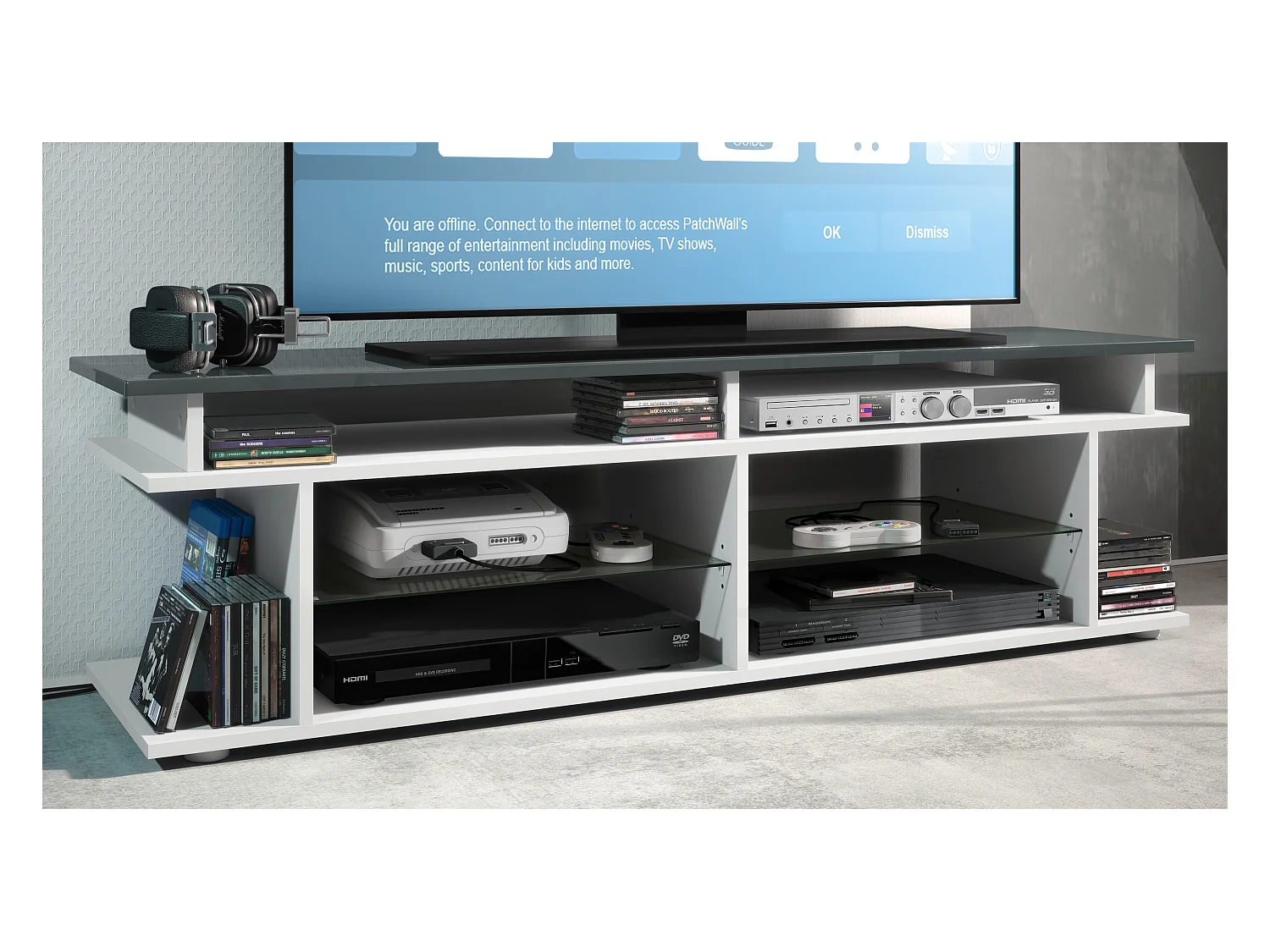 TV Board Movie V3 Game On 138,5 x 39 x 37,5 cm , caisson en blanc mat, élément supérieur en gris haute brillance