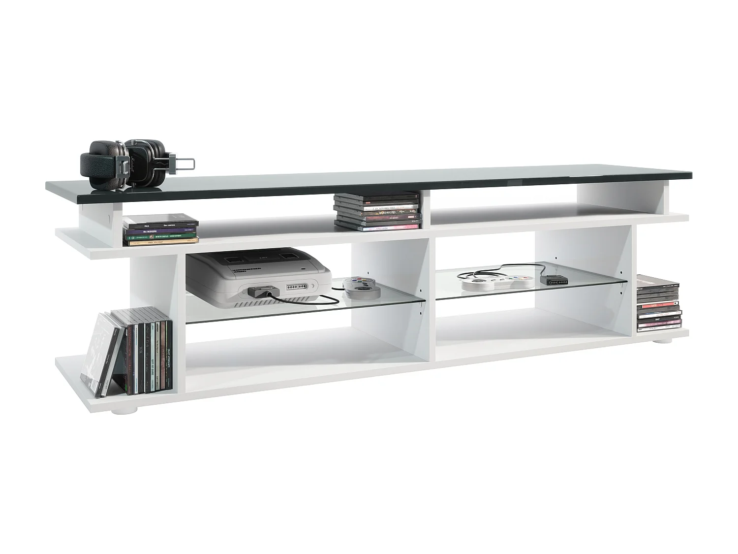 TV Board Movie V3 Game On 138,5 x 39 x 37,5 cm , caisson en blanc mat, élément supérieur en gris haute brillance