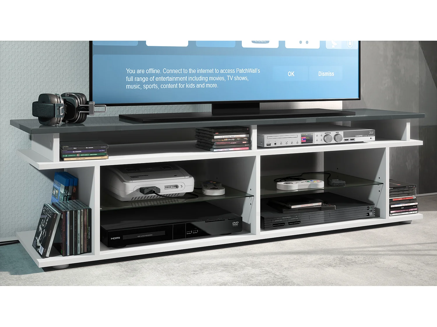 TV Board Movie V3 Game On 138,5 x 39 x 37,5 cm , caisson en blanc mat, élément supérieur en gris haute brillance