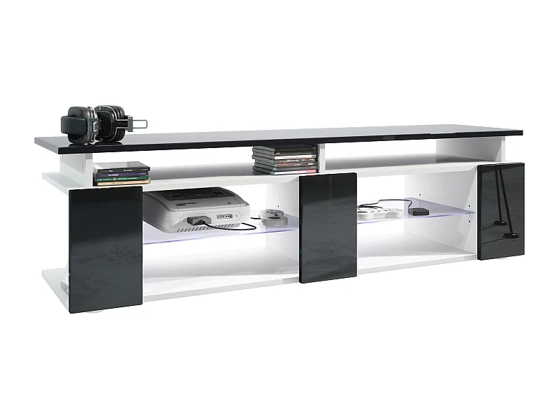 Mesa televisión Movie V2 Game On 138,5 x 39 x 39 cm incluida iluminación LED en blanco, carcasa en blanco mate, frentes en negro de alto brillo