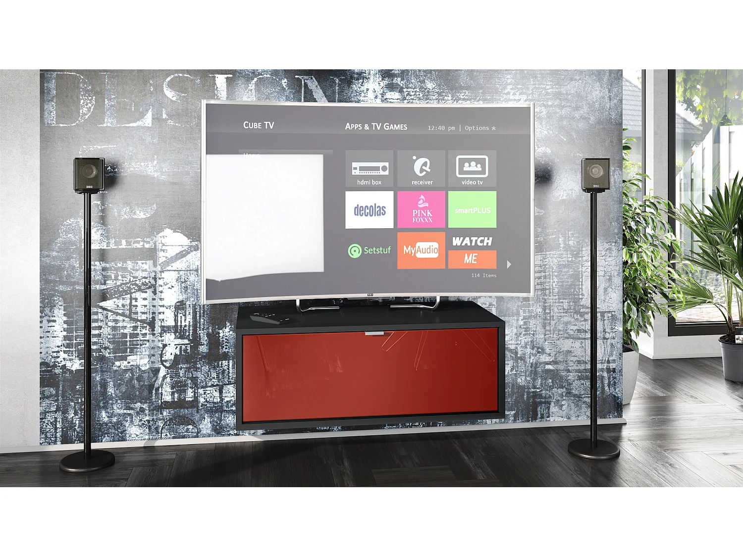 Meuble TV Lana 80 armoire murale lowboard 80 x 29 x 37 cm, caisson en noir mat, façades en bordeaux haute brillance | Grand choix de couleurs