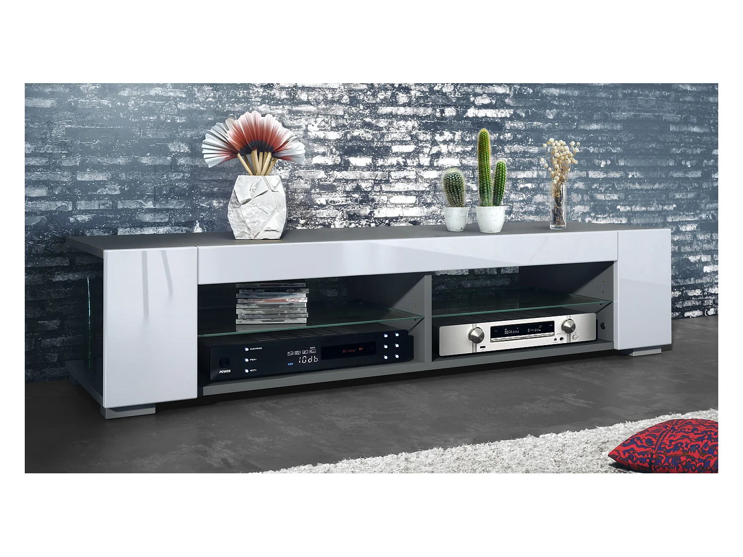 Meuble TV Movie, meuble TV avec 4 compartiments ouverts et moulures décoratives, anthracite mat/ (134,5 x 30,5 x 38,5 cm)