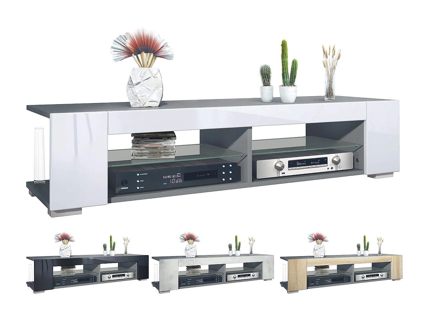 Meuble TV Movie, meuble TV avec 4 compartiments ouverts et moulures décoratives, anthracite mat/ (134,5 x 30,5 x 38,5 cm)