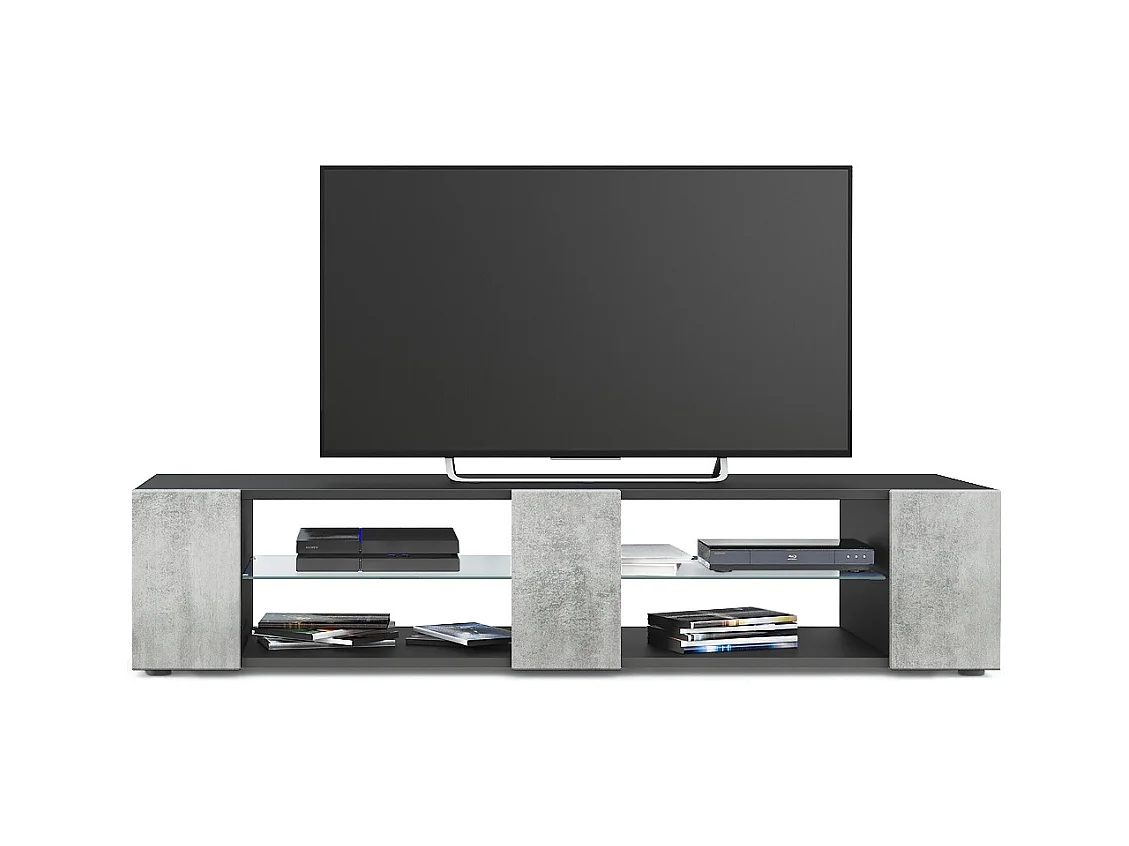 Buffet bas Movie V2, Meuble TV avec 6 compartiments ouverts et placages décoratifs, Noir mat/Aspect Béton Oxyde (134 x 29 x 39 cm)