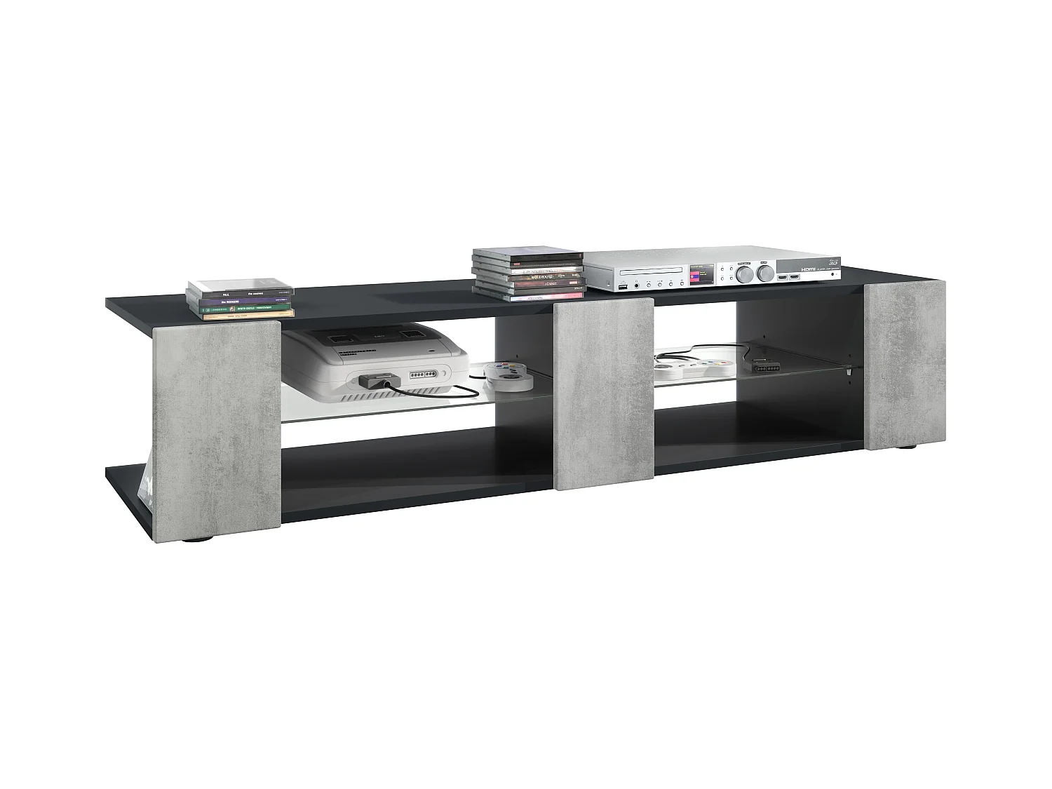 Buffet bas Movie V2, Meuble TV avec 6 compartiments ouverts et placages décoratifs, Noir mat/Aspect Béton Oxyde (134 x 29 x 39 cm)