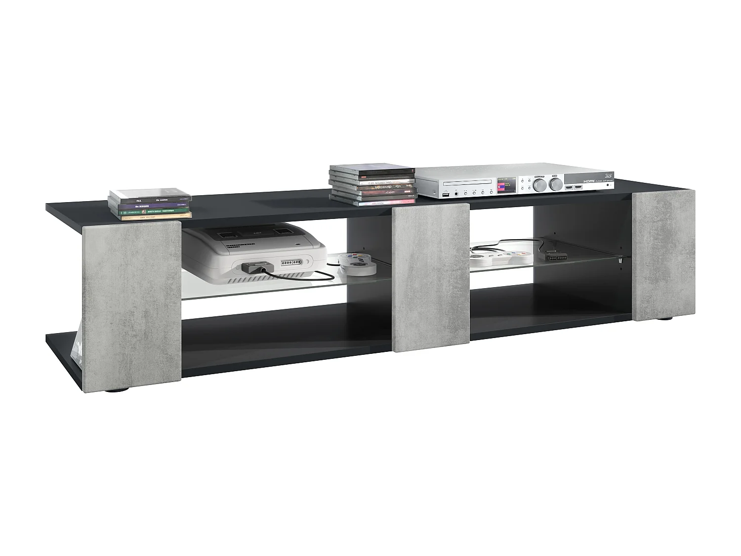 Buffet bas Movie V2, Meuble TV avec 6 compartiments ouverts et placages décoratifs, Noir mat/Aspect Béton Oxyde (134 x 29 x 39 cm)