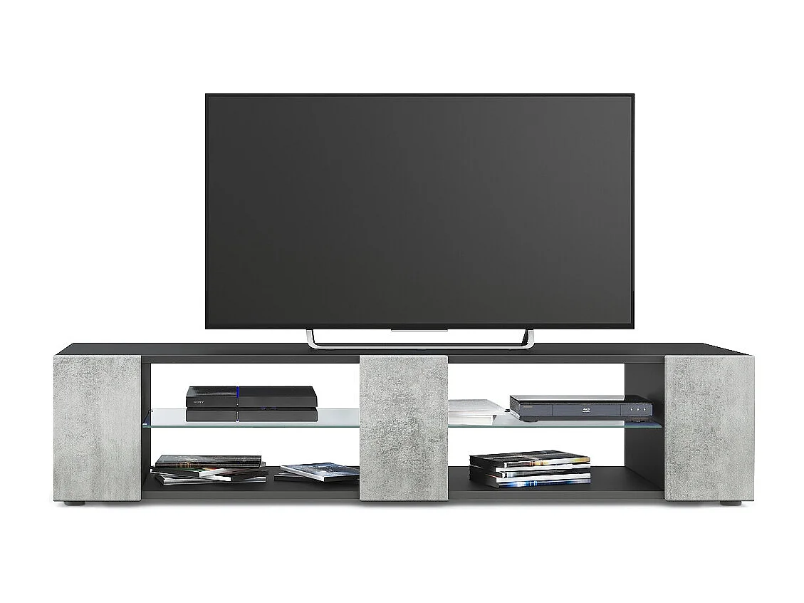 Buffet bas Movie V2, Meuble TV avec 6 compartiments ouverts et placages décoratifs, Noir mat/Aspect Béton Oxyde (134 x 29 x 39 cm)