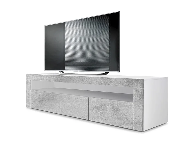 Buffet bas Valencia, Meuble TV avec 1 compartiment ouvert et 2 clapets, Blanc mat/aspect béton oxyde/aspect béton oxyde (155 x 46 x 40 cm)