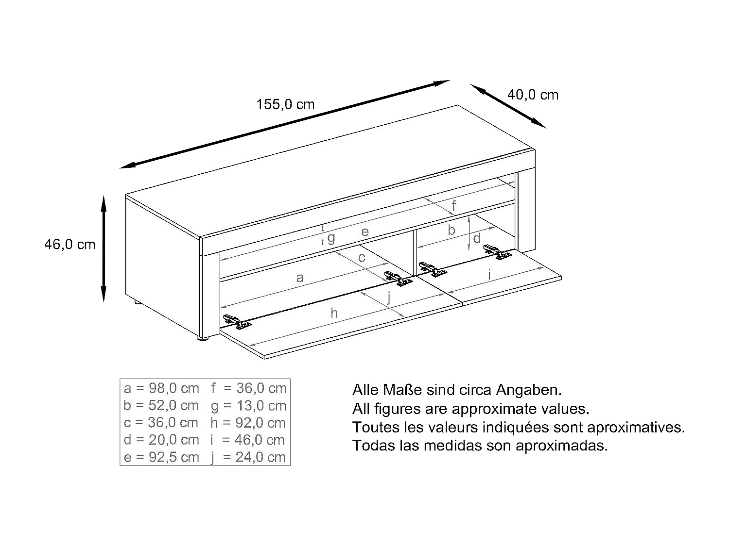 Buffet bas Valencia, Meuble TV avec 1 compartiment ouvert et 2 clapets, Blanc mat/aspect béton oxyde/aspect béton oxyde (155 x 46 x 40 cm)