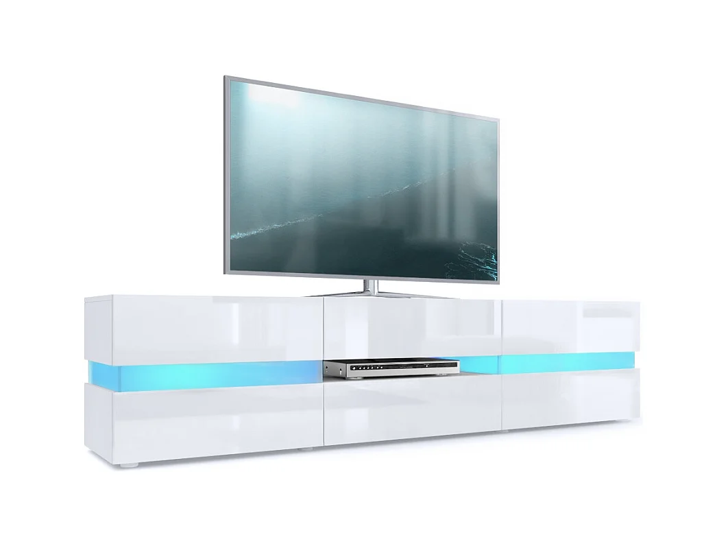 Buffet bas Flow, Meuble TV avec vitre d’ambiance rétroéclairée, 2 portes, 1 tiroir et 1 clapet, Blanc mat/Blanc brillant, LED incluse (177 x 45 x 39 cm)
