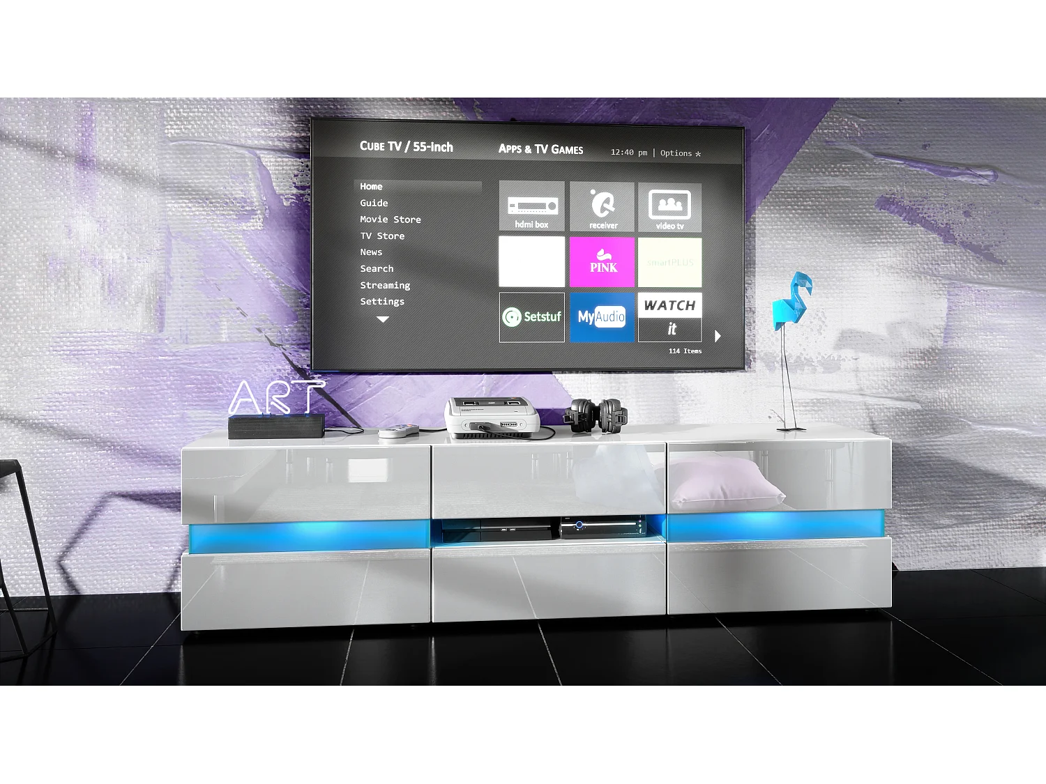 Buffet bas Flow, Meuble TV avec vitre d’ambiance rétroéclairée, 2 portes, 1 tiroir et 1 clapet, Blanc mat/Blanc brillant, LED incluse (177 x 45 x 39 cm)