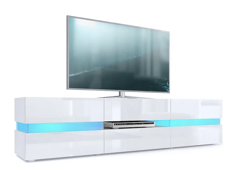 Buffet bas Flow, Meuble TV avec vitre d’ambiance rétroéclairée, 2 portes, 1 tiroir et 1 clapet, Blanc mat/Blanc brillant, LED incluse (177 x 45 x 39 cm)