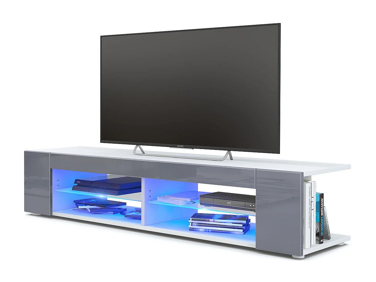 Buffet bas Movie, Meuble TV avec 4 compartiments ouverts et placages décoratifs, Blanc mat/Gris haute brillance, éclairage LED bleu inclus (134 x 29 x 39 cm)