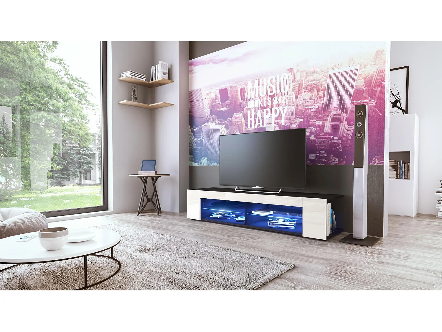 Buffet bas Movie, Meuble TV avec 4 compartiments ouverts et placages décoratifs, Noir mat/Crème haute brillance, éclairage LED bleu inclus (134 x 29 x 39 cm)