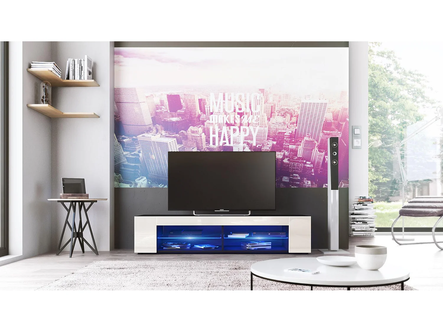 Buffet bas Movie, Meuble TV avec 4 compartiments ouverts et placages décoratifs, Noir mat/Crème haute brillance, éclairage LED bleu inclus (134 x 29 x 39 cm)