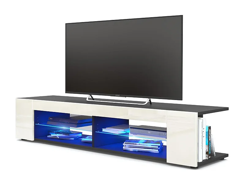 Buffet bas Movie, Meuble TV avec 4 compartiments ouverts et placages décoratifs, Noir mat/Crème haute brillance, éclairage LED bleu inclus (134 x 29 x 39 cm)