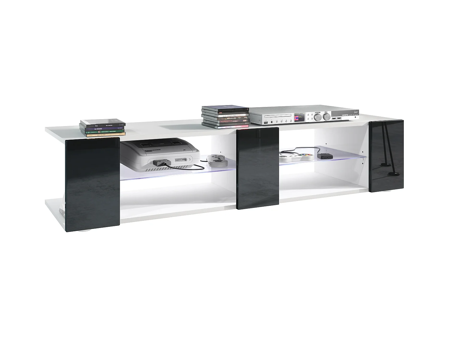 Buffet bas Movie V2, Meuble TV avec 6 compartiments ouverts et placages décoratifs, Blanc mat/Noir brillant, éclairage LED blanc inclus (134 x 29 x 39 cm)