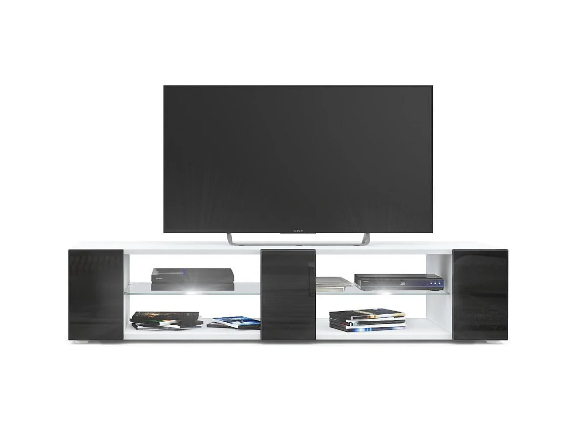Buffet bas Movie V2, Meuble TV avec 6 compartiments ouverts et placages décoratifs, Blanc mat/Noir brillant, éclairage LED blanc inclus (134 x 29 x 39 cm)