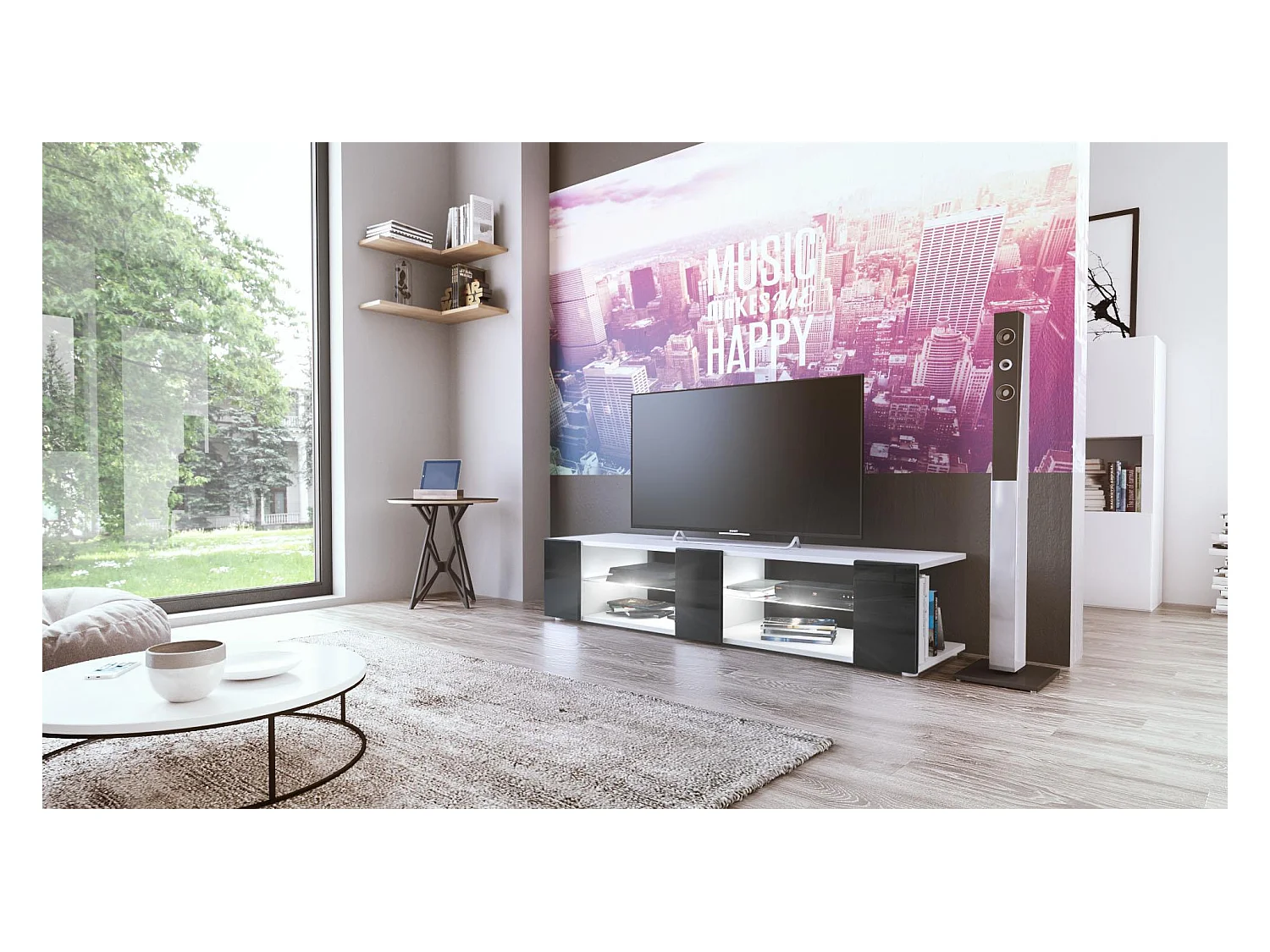 Buffet bas Movie V2, Meuble TV avec 6 compartiments ouverts et placages décoratifs, Blanc mat/Noir brillant, éclairage LED blanc inclus (134 x 29 x 39 cm)