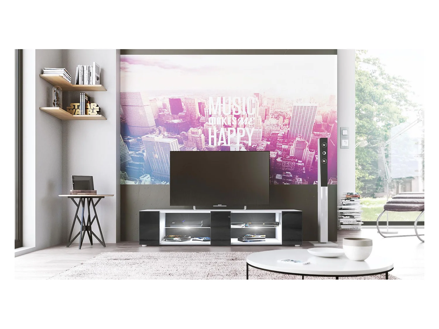 Buffet bas Movie V2, Meuble TV avec 6 compartiments ouverts et placages décoratifs, Blanc mat/Noir brillant, éclairage LED blanc inclus (134 x 29 x 39 cm)