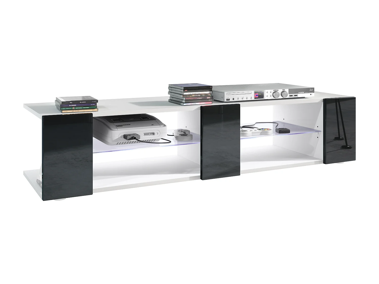 Buffet bas Movie V2, Meuble TV avec 6 compartiments ouverts et placages décoratifs, Blanc mat/Noir brillant, éclairage LED blanc inclus (134 x 29 x 39 cm)