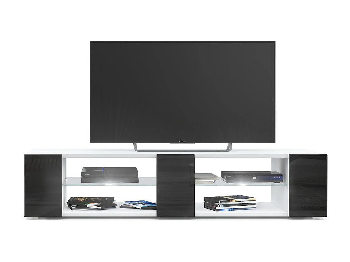Buffet bas Movie V2, Meuble TV avec 6 compartiments ouverts et placages décoratifs, Blanc mat/Noir brillant, éclairage LED blanc inclus (134 x 29 x 39 cm)