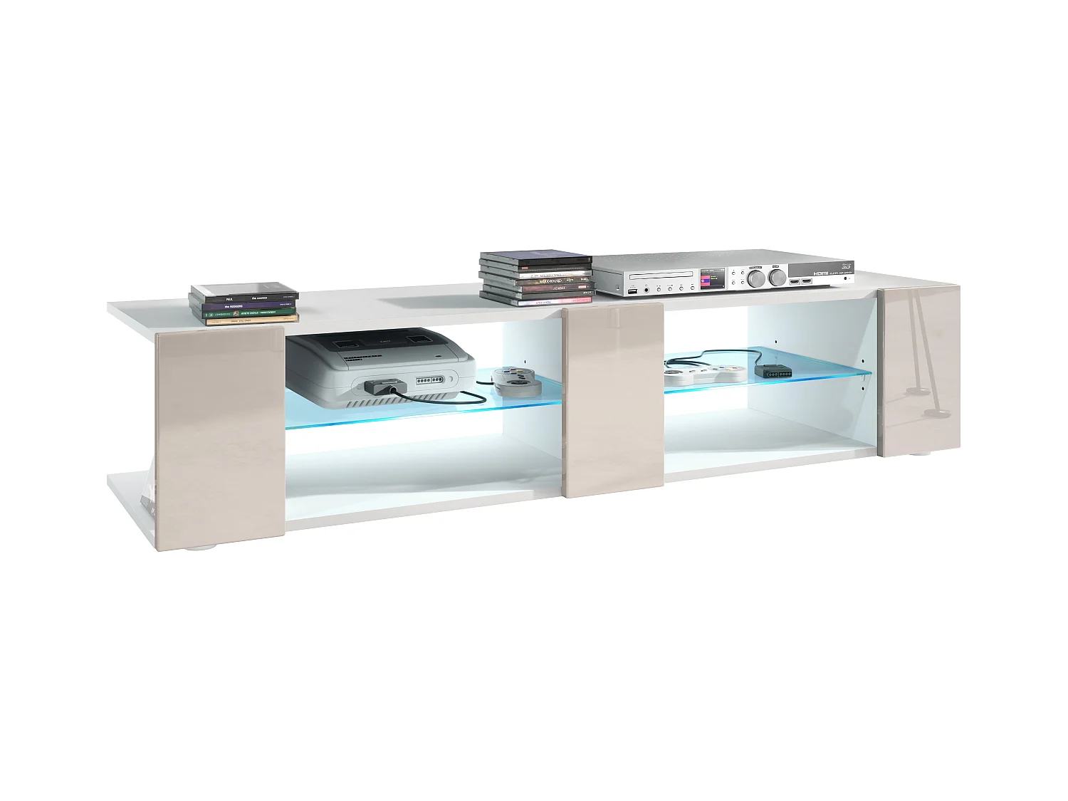 Buffet bas Movie V2, Meuble TV avec 6 compartiments ouverts et placages décoratifs, Blanc mat/Gris sable brillant, éclairage LED bleu inclus (134x29x39 cm)