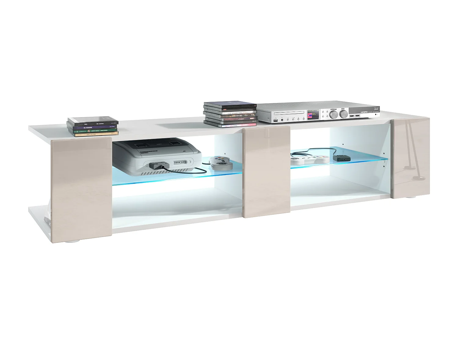 Buffet bas Movie V2, Meuble TV avec 6 compartiments ouverts et placages décoratifs, Blanc mat/Gris sable brillant, éclairage LED bleu inclus (134x29x39 cm)