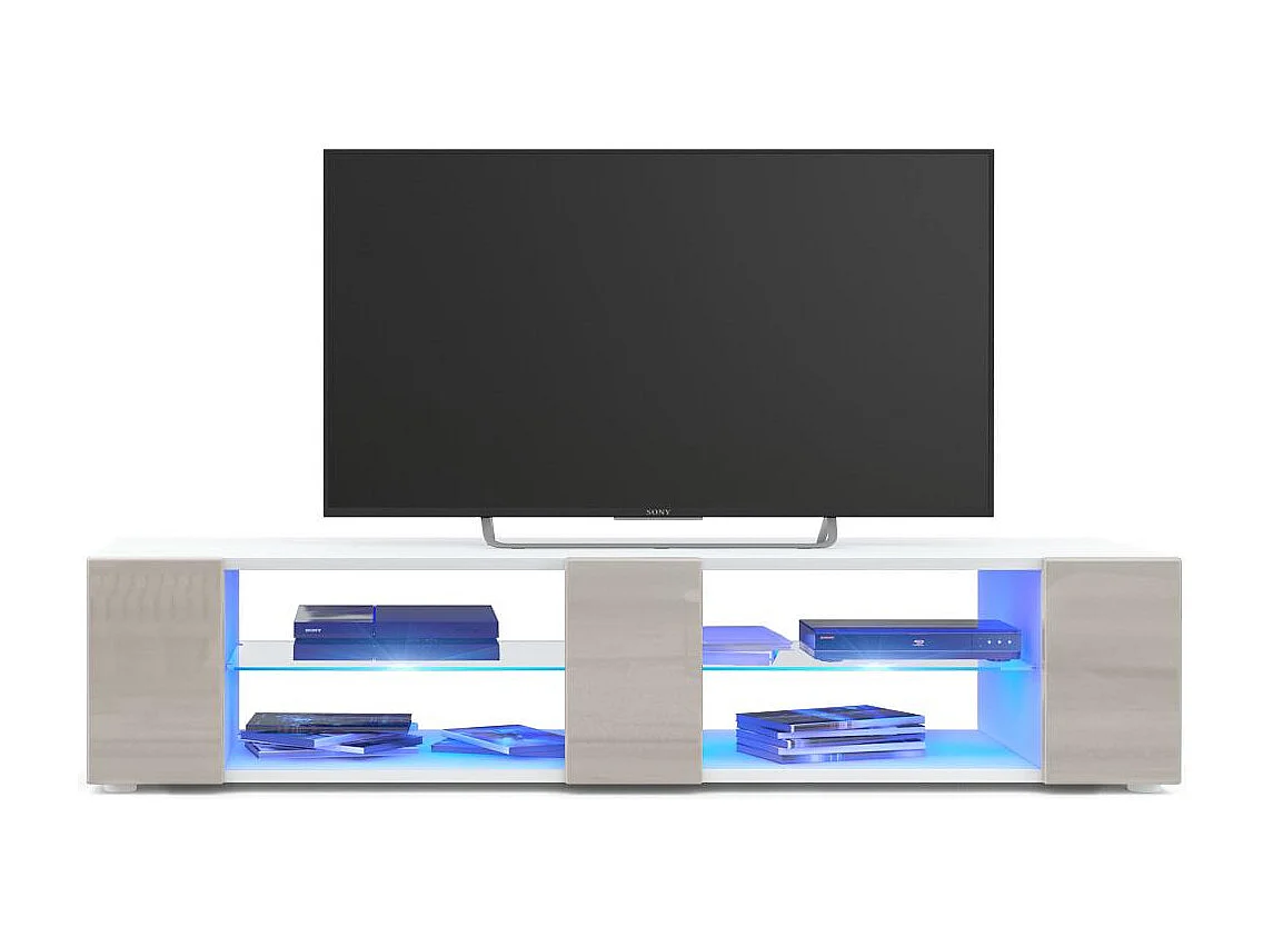 Buffet bas Movie V2, Meuble TV avec 6 compartiments ouverts et placages décoratifs, Blanc mat/Gris sable brillant, éclairage LED bleu inclus (134x29x39 cm)