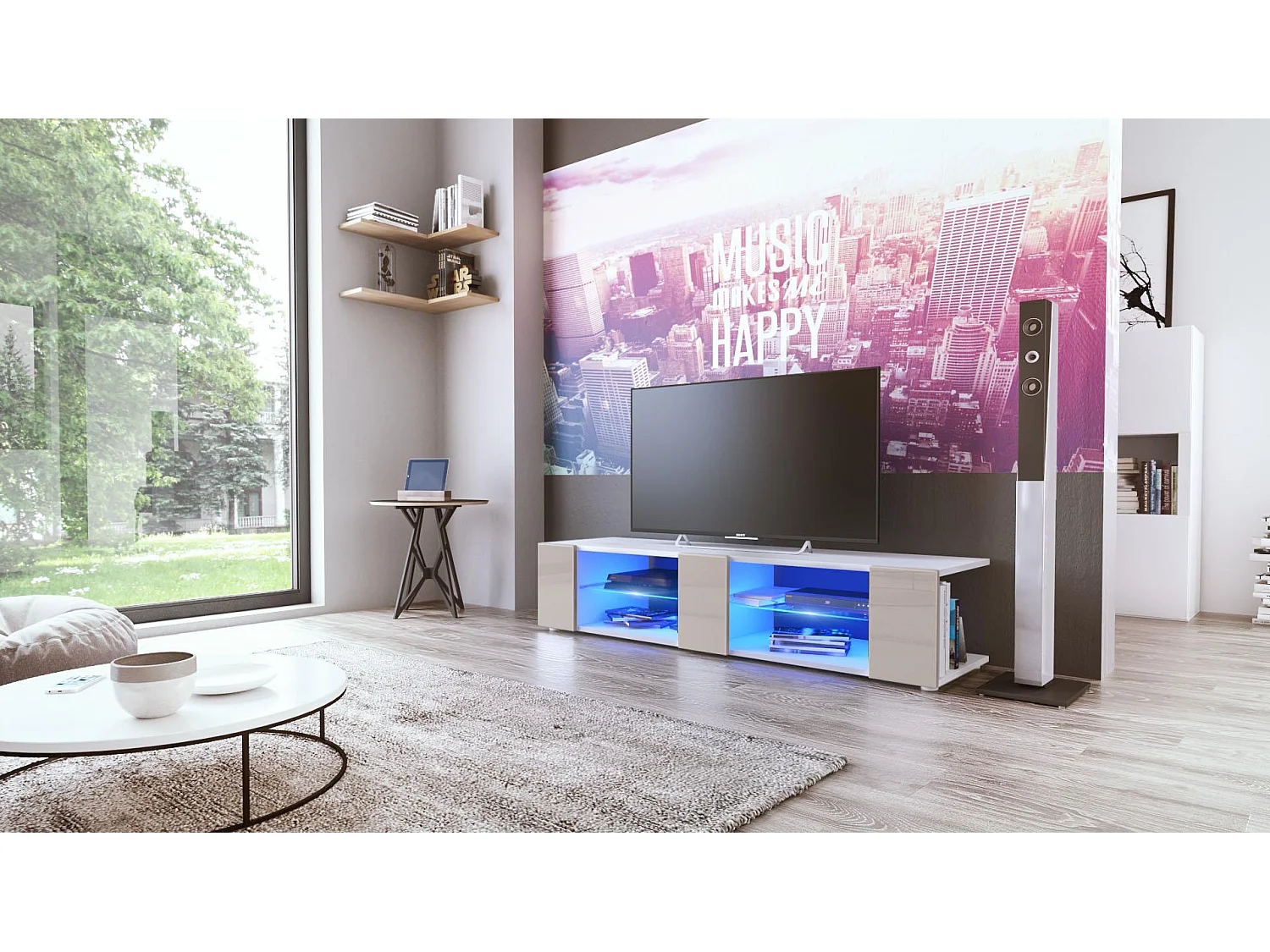 Buffet bas Movie V2, Meuble TV avec 6 compartiments ouverts et placages décoratifs, Blanc mat/Gris sable brillant, éclairage LED bleu inclus (134x29x39 cm)