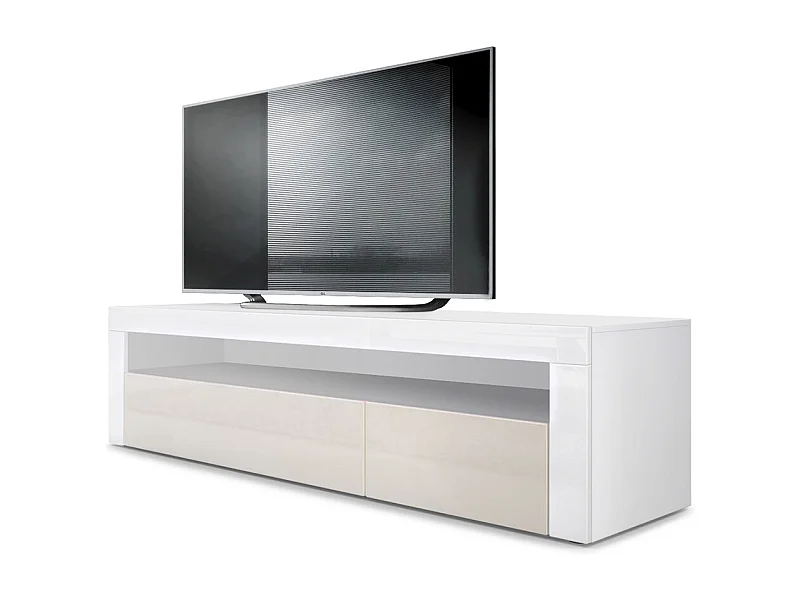 Buffet bas Valencia, Meuble TV avec 1 compartiment ouvert et 2 clapets, Blanc mat/crème haute brillance/blanc haute brillance (155 x 46 x 40 cm)
